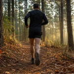 Trail running for beginners, a runner on a pine forest singletrack in autumn light