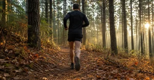 Trail running for beginners, a runner on a pine forest singletrack in autumn light