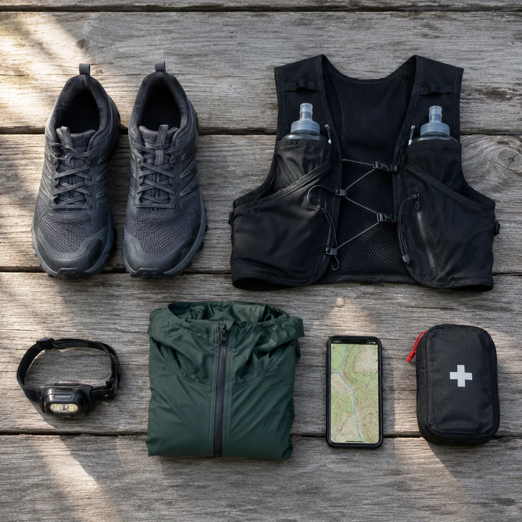 Flat lay of beginner trail running gear with shoes, hydration vest and headlamp