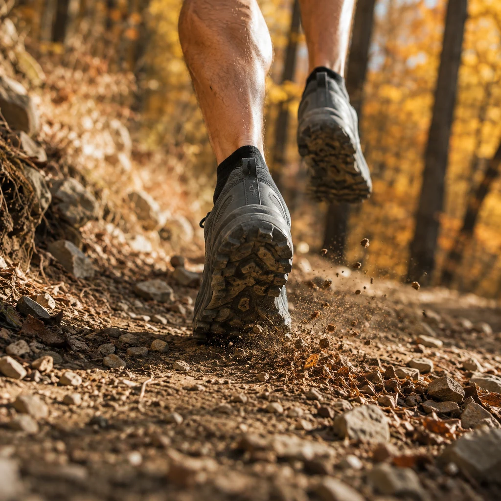 Trail running for beginners, close up of shoes gripping loose gravel on a singletrack path
