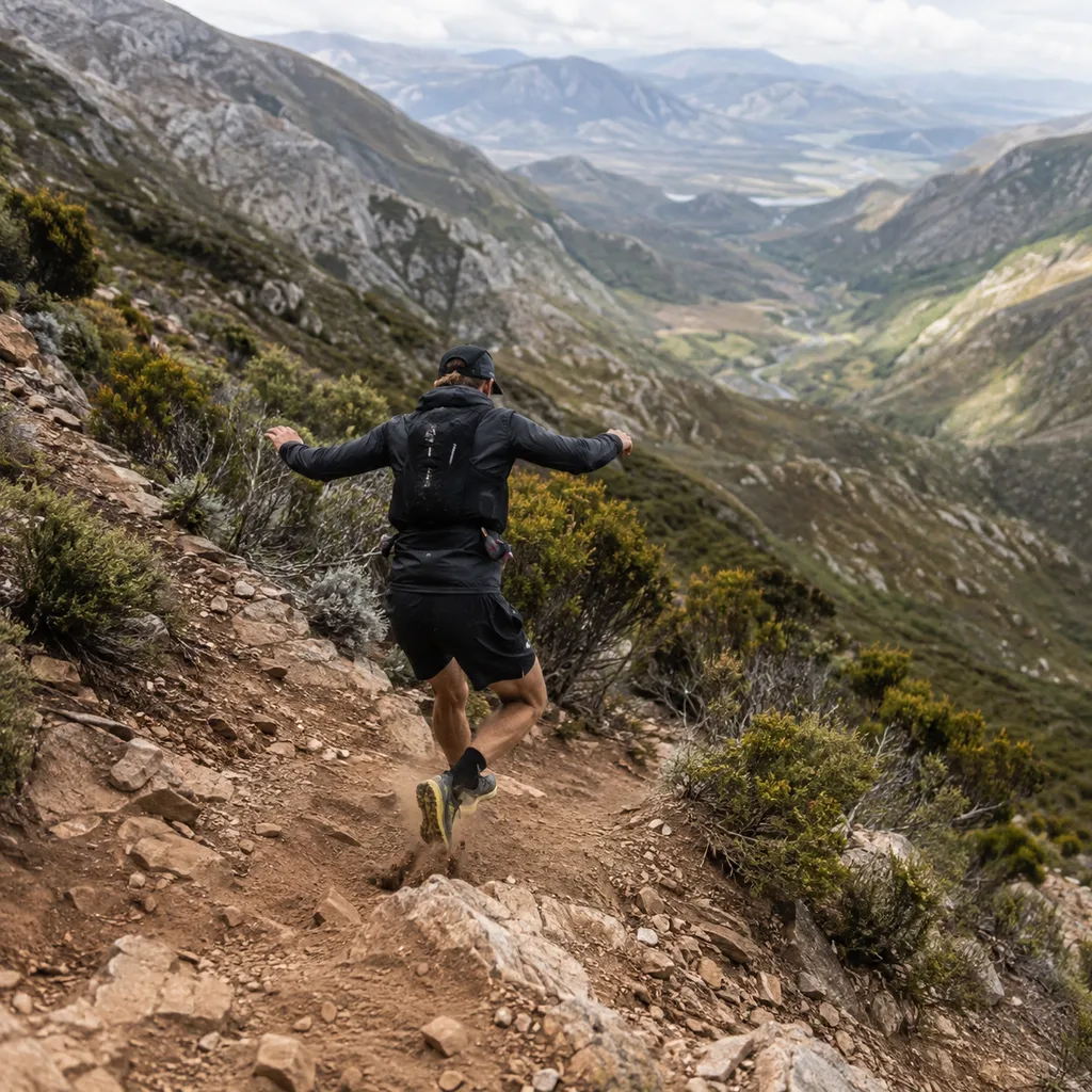 Runner descending a steep rocky mountain trail with arms wide for balance