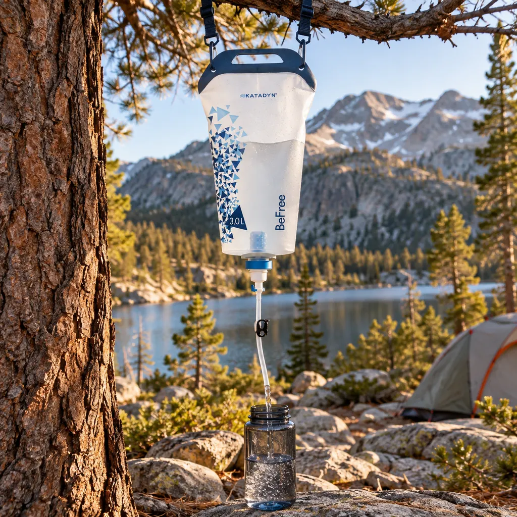 Katadyn BeFree Gravity bag hanging from a branch at a Sierra Nevada camp