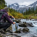 Backpacker filling a hydration bladder through an inline filter at a North Cascades creek