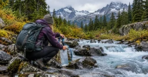Backpacker filling a hydration bladder through an inline filter at a North Cascades creek