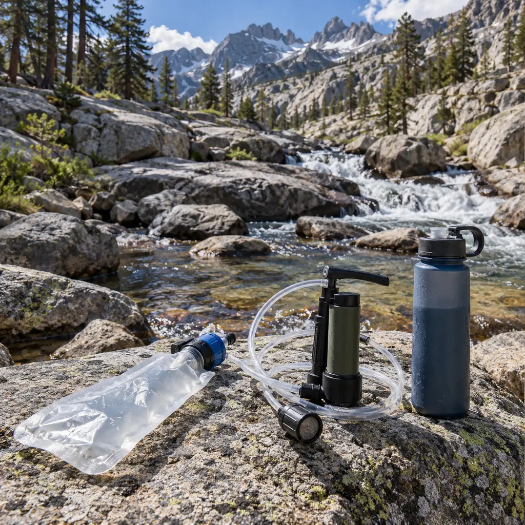 Best backpacking water filters laid out on a granite rock beside a stream