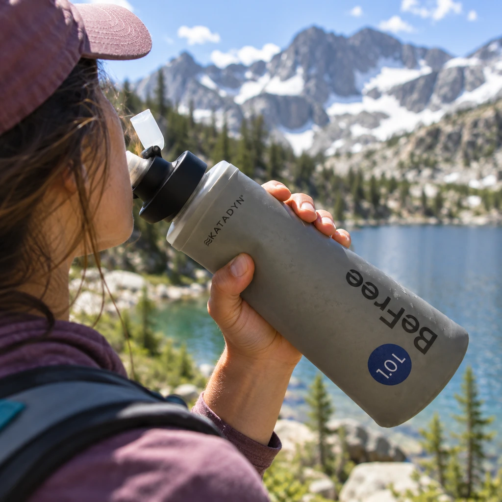 Katadyn BeFree filter bottle at an alpine lake in Rocky Mountain National Park
