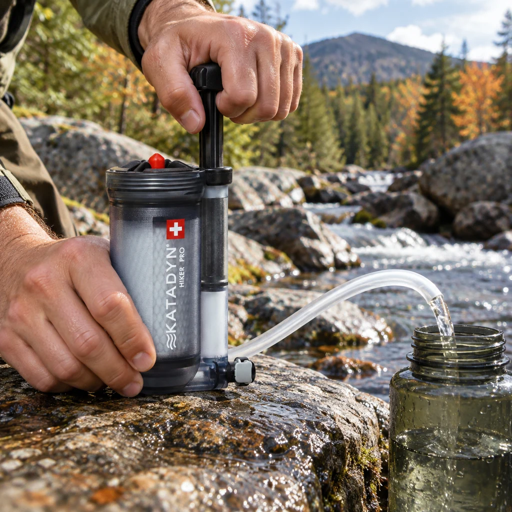 Katadyn Hiker Pro pump filter drawing water from an Adirondack stream