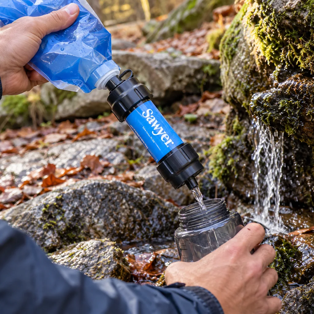 Sawyer Mini filter filling a bottle at an Appalachian Trail spring