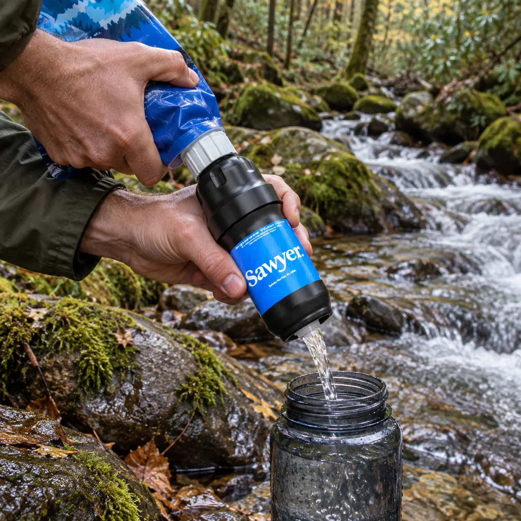 Sawyer Squeeze filter used with a pouch beside a Great Smoky Mountains creek