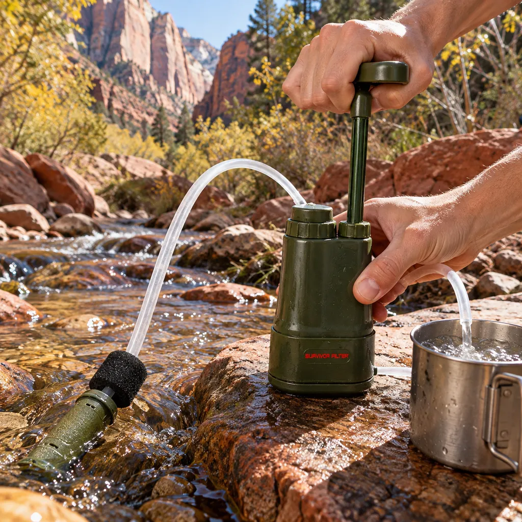 Survivor Filter PRO pump filtering desert creek water in Zion National Park