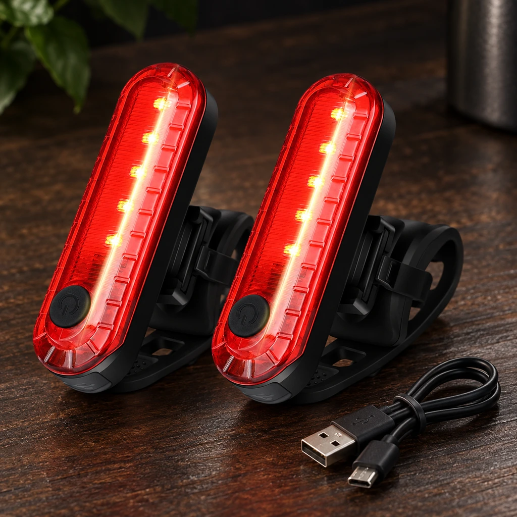Ascher rear bike lights, a two pack shown on a wooden table