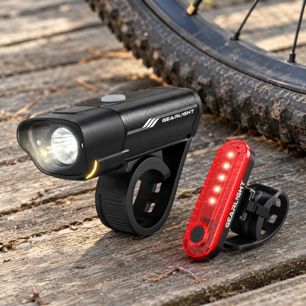 Budget LED front and tail light set laid out on weathered wooden boards