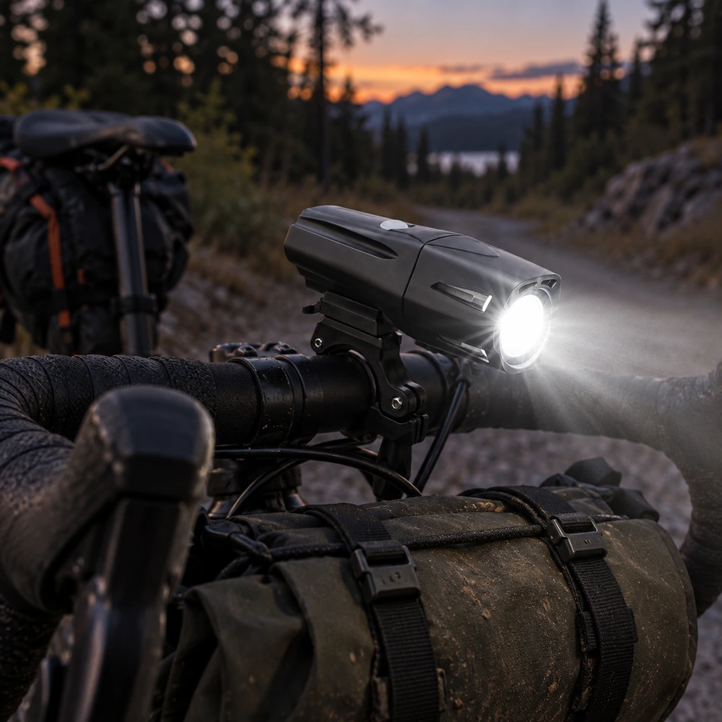 Cygolite Metro front bike light mounted on a handlebar at dusk