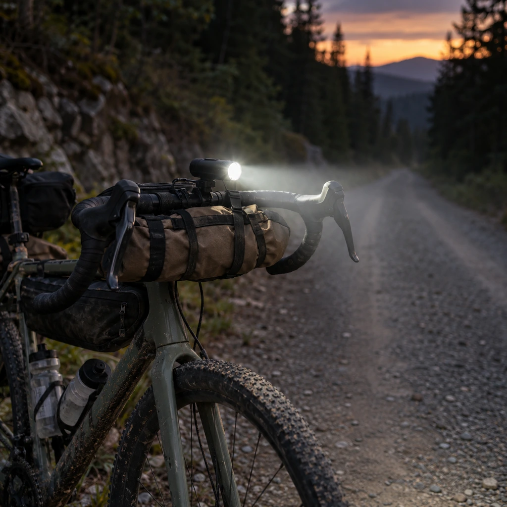 The best bike lights for bikepacking mounted on a handlebar at dusk