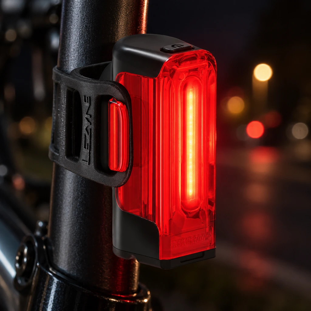 LEZYNE Strip Drive Pro rear light on a seatpost against a dark background