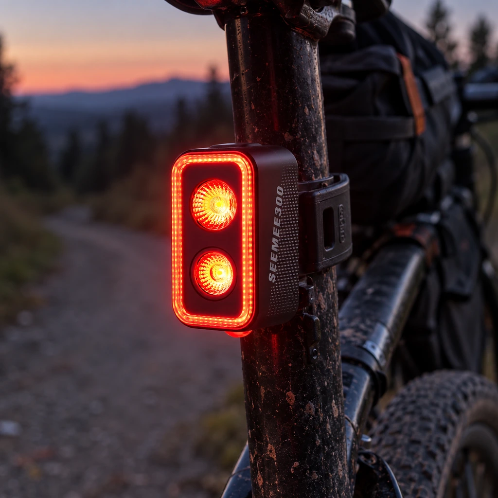MagicShine SEEMEE rear bike light clamped to a seatpost at dusk