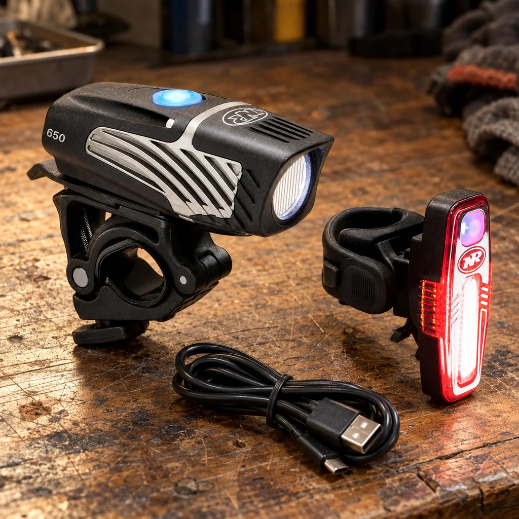 NiteRider Lumina Micro Sabre front and rear light set on a workbench