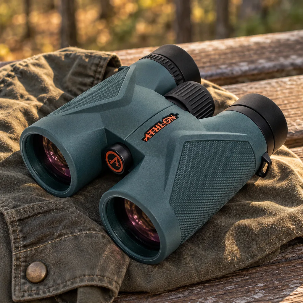 Athlon Midas UHD 8x42 binoculars lying on a folded jacket on a bench