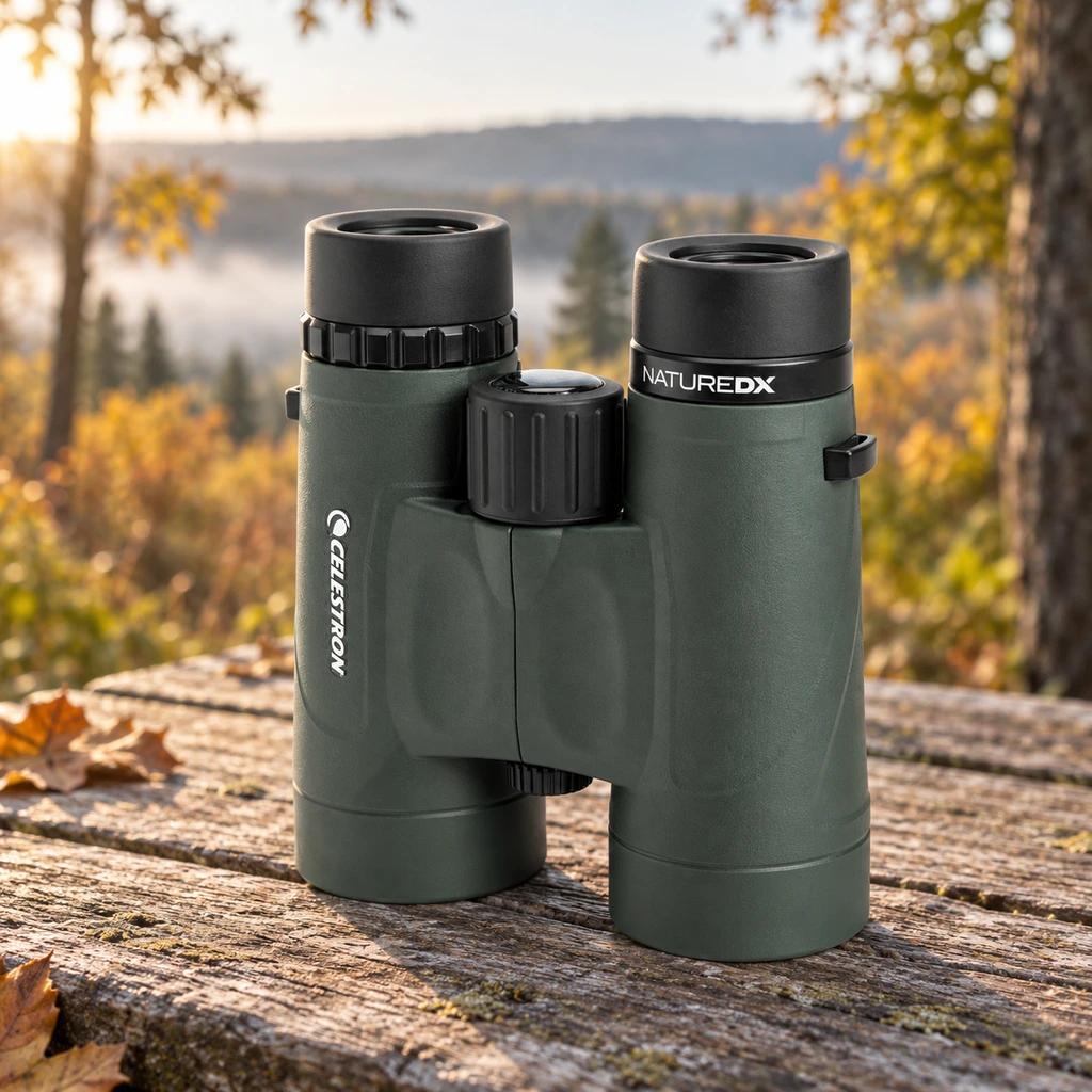 Celestron Nature DX 8x42 binoculars upright on a wooden picnic table
