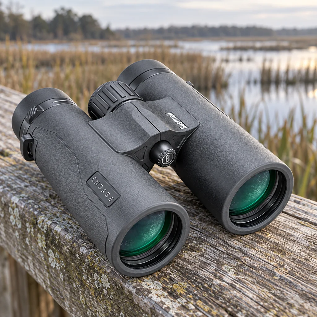 Bushnell Engage X 10x42 binoculars on a boardwalk rail above a marsh