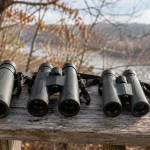 Three pairs of birding binoculars on a wooden rail at the edge of woodland
