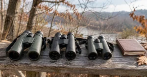 Three pairs of birding binoculars on a wooden rail at the edge of woodland