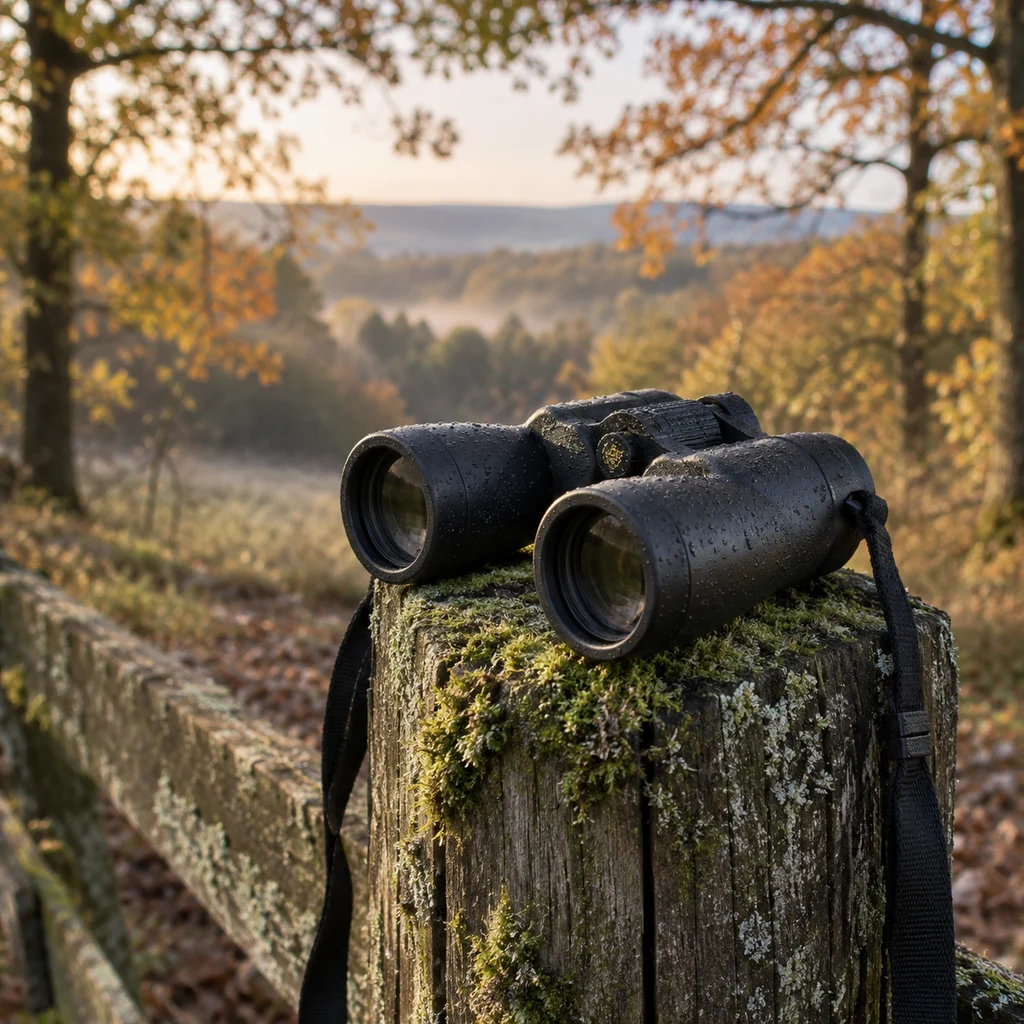 The best binoculars for birdwatching resting on a mossy post at first light