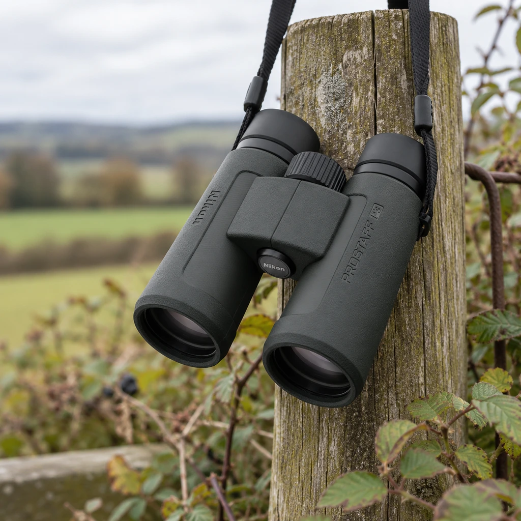 Nikon PROSTAFF P3 8x42 binoculars hanging by the strap from a fence post
