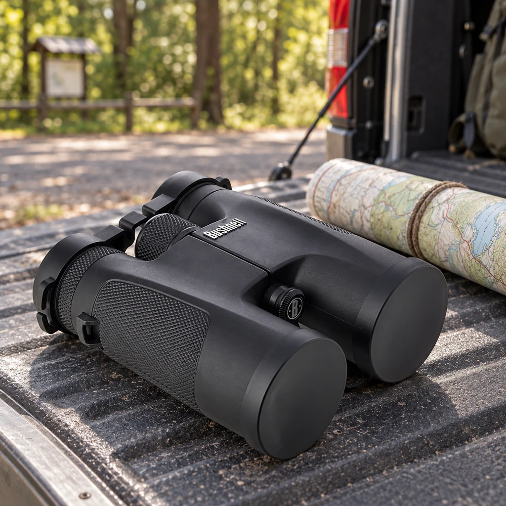 Bushnell PowerView 10x42 binoculars on a car tailgate at a woodland car park