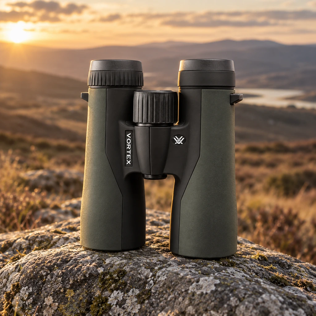 Vortex Crossfire HD 8x42 binoculars resting on a flat rock on a hillside