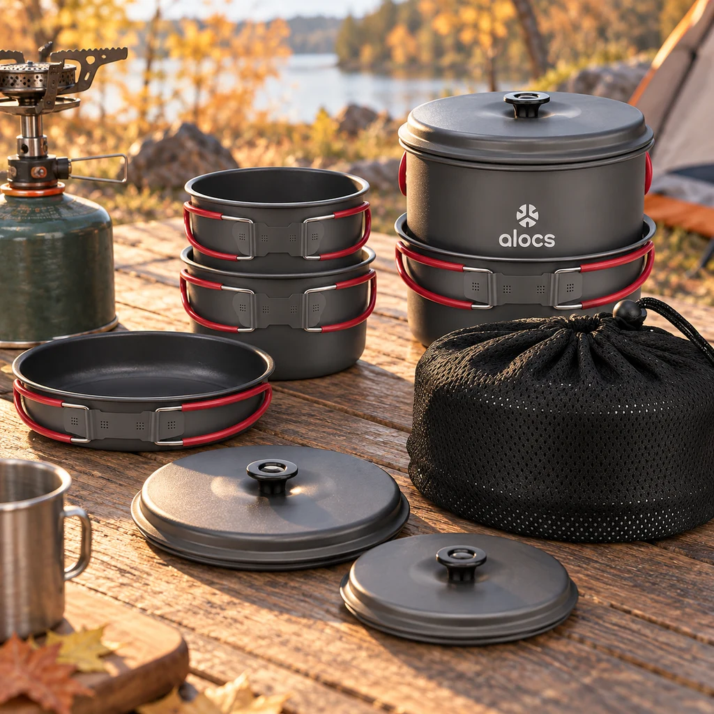 ALOCS camping pots and pan nested and separated beside a camp stove