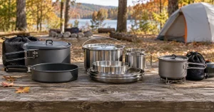 The best camping cookware sets laid out on a picnic table at an autumn campsite