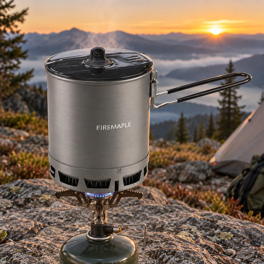 Fire-Maple ultralight pot on a backpacking stove at a mountain camp at dawn