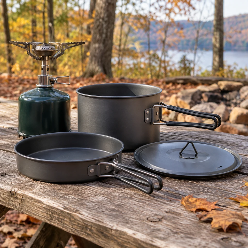 One of the best camping cookware sets nested and partly disassembled on a table