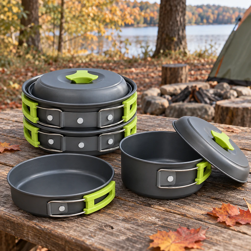 MalloMe camping cookware mess kit laid out on a wooden picnic table