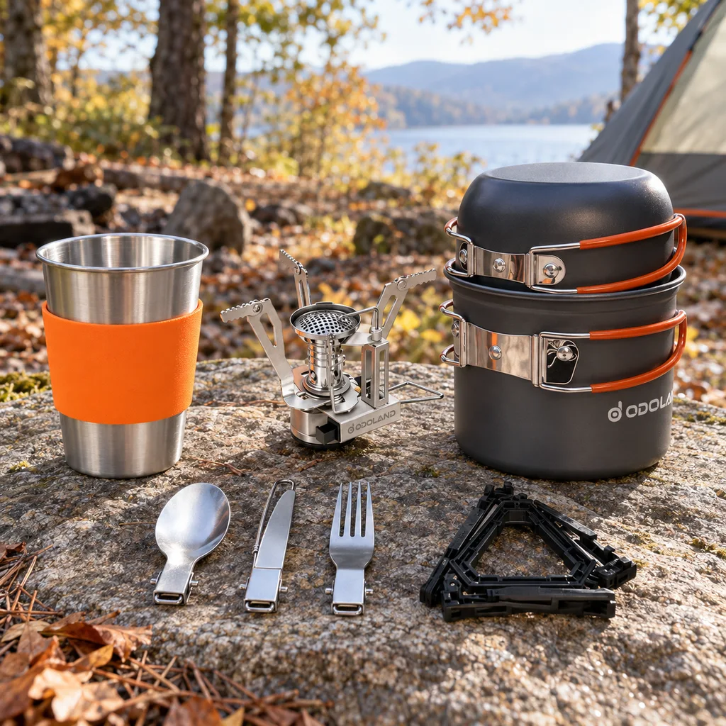 Odoland camping cookware set with its folding mini stove on a flat rock