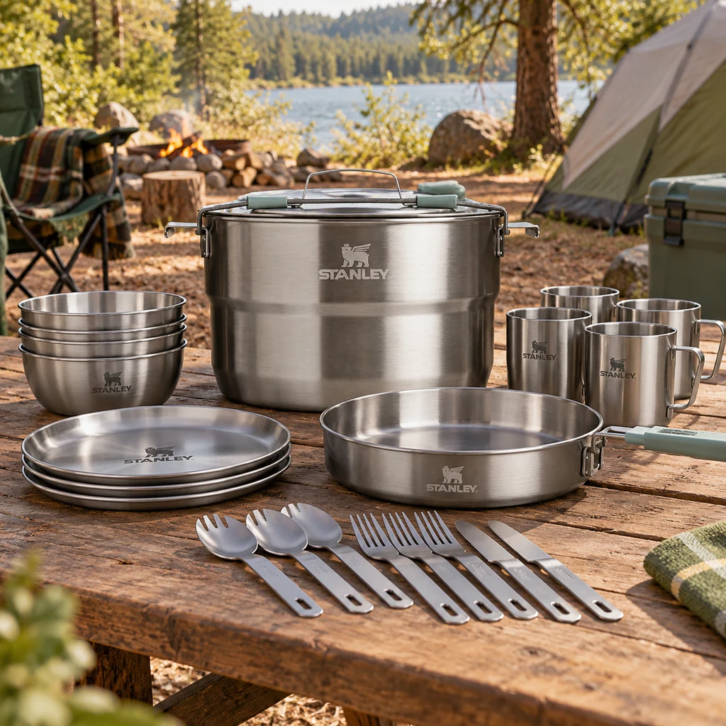 Stanley stainless camp kitchen set with plates arranged on a picnic table