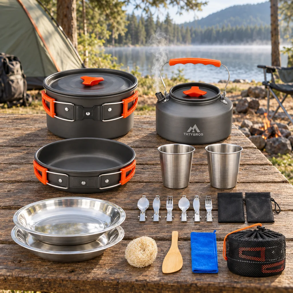 THTYBROS 17 piece camping mess kit with kettle steaming on a picnic table