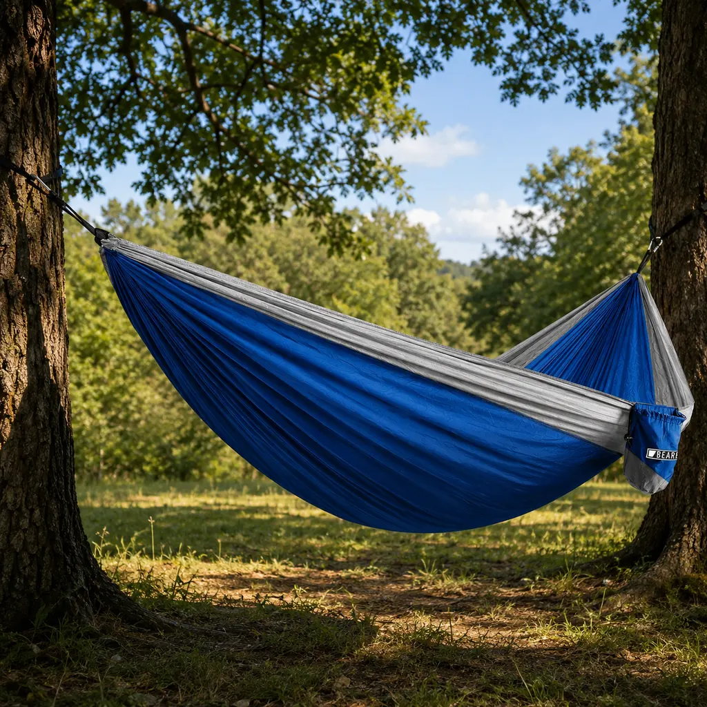 Bear Butt double hammock hung between oak trees on a grassy clearing
