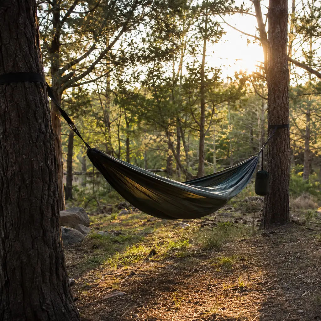 The best camping hammocks, a single hammock hung at a forest clearing edge