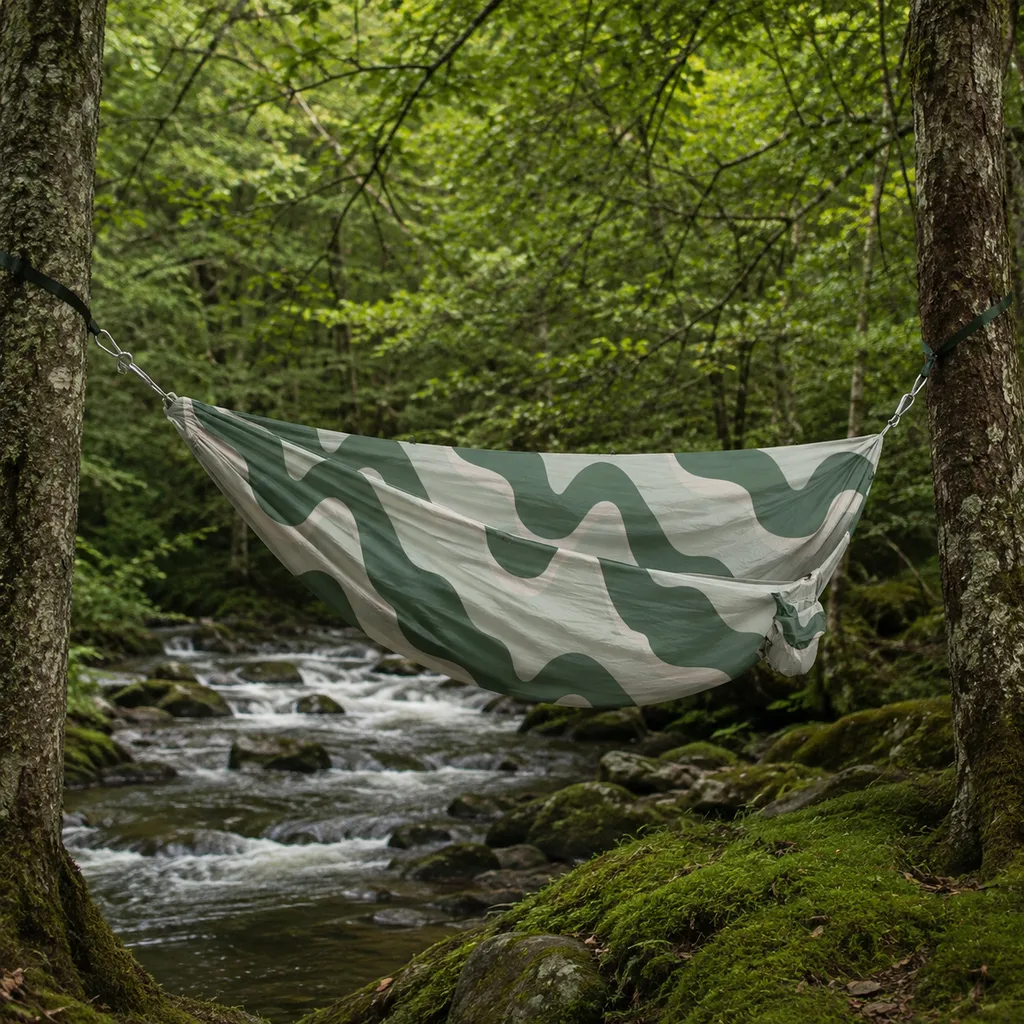 Kammok Roo Double hammock in wavy sage print on a mossy riverbank