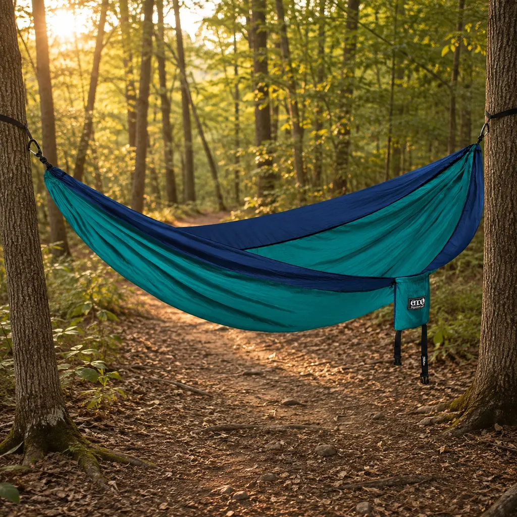 ENO SingleNest hammock hung between slender trees at golden hour