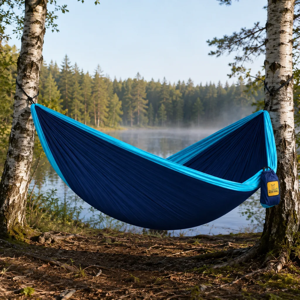 Wise Owl Outfitters hammock hung between birch trees beside a lake