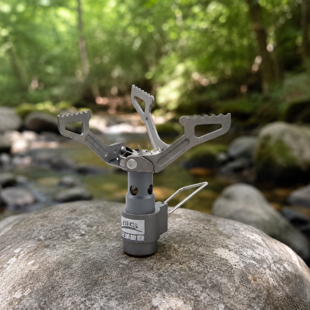 BRS-3000T ultralight titanium stove on a river stone at a woodland camp