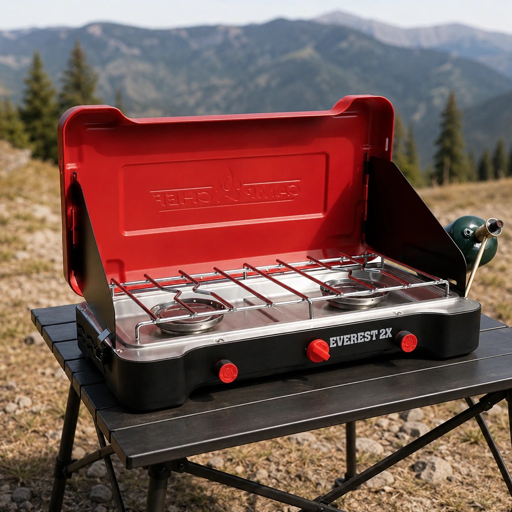Camp Chef Everest 2X two burner stove on a camp table below mountains
