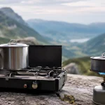 The best camping stoves, a two burner and a canister stove on a rock ledge