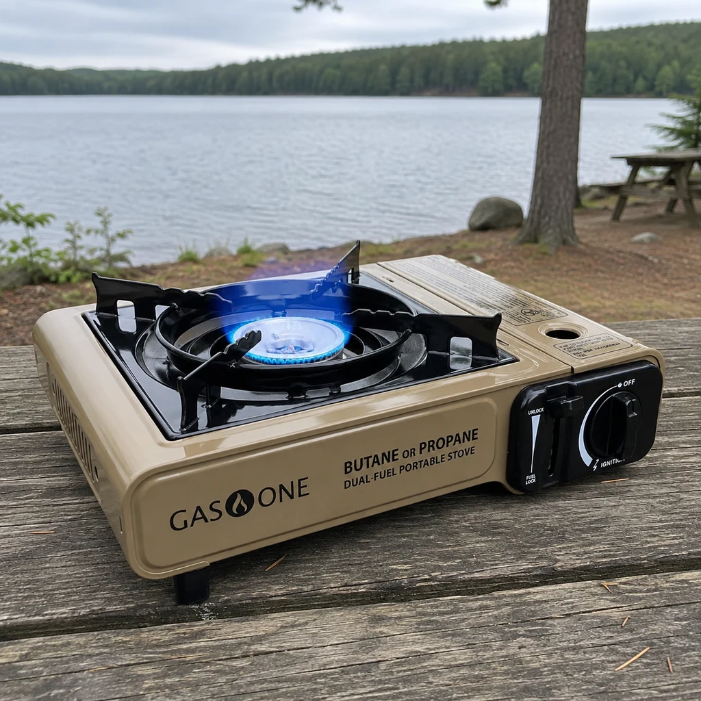 Gas One GS-3400P dual fuel stove burning on a bench at a lakeside camp