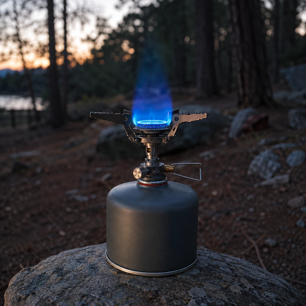 The best camping stoves, a canister burner with a blue flame at dusk