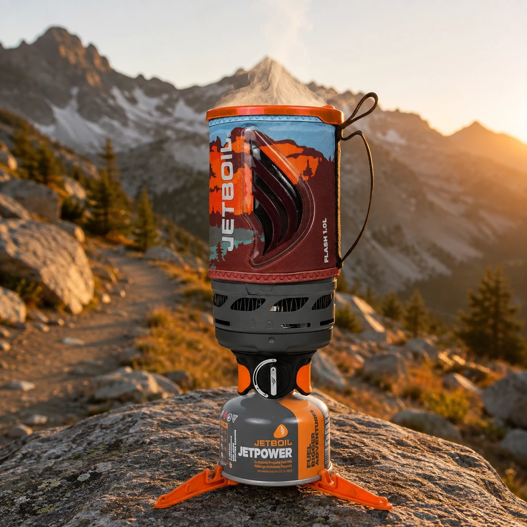 Jetboil Flash cooking system steaming on a granite rock at sunrise
