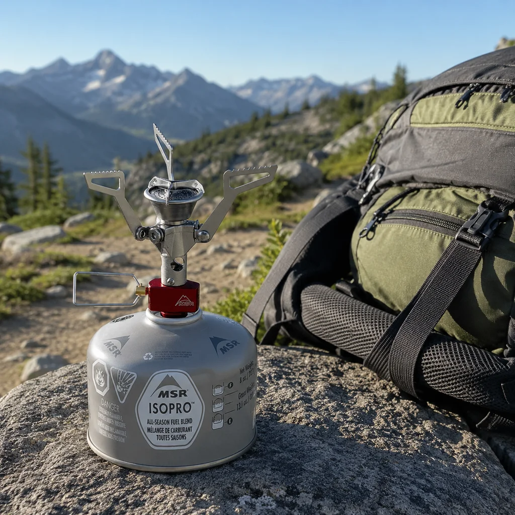 MSR PocketRocket 2 stove on a rock beside a pack on a mountain trail